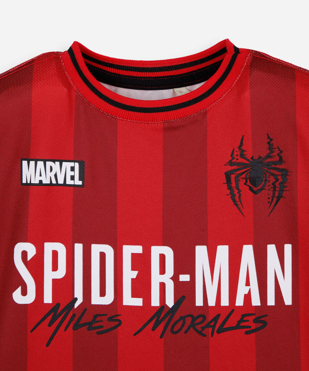 camiseta infantil manga curta homem aranha miles morales listrada vermelha