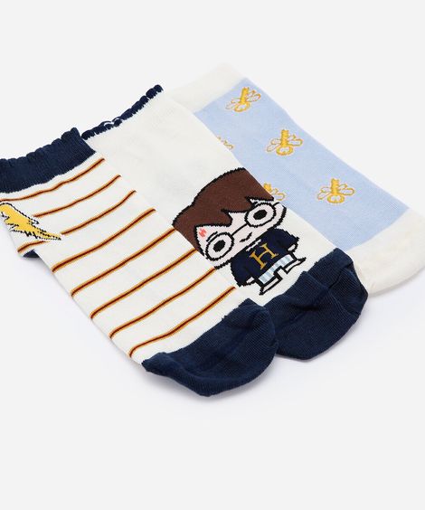 kit de 3 meias cano curto femininas harry potter colorido
