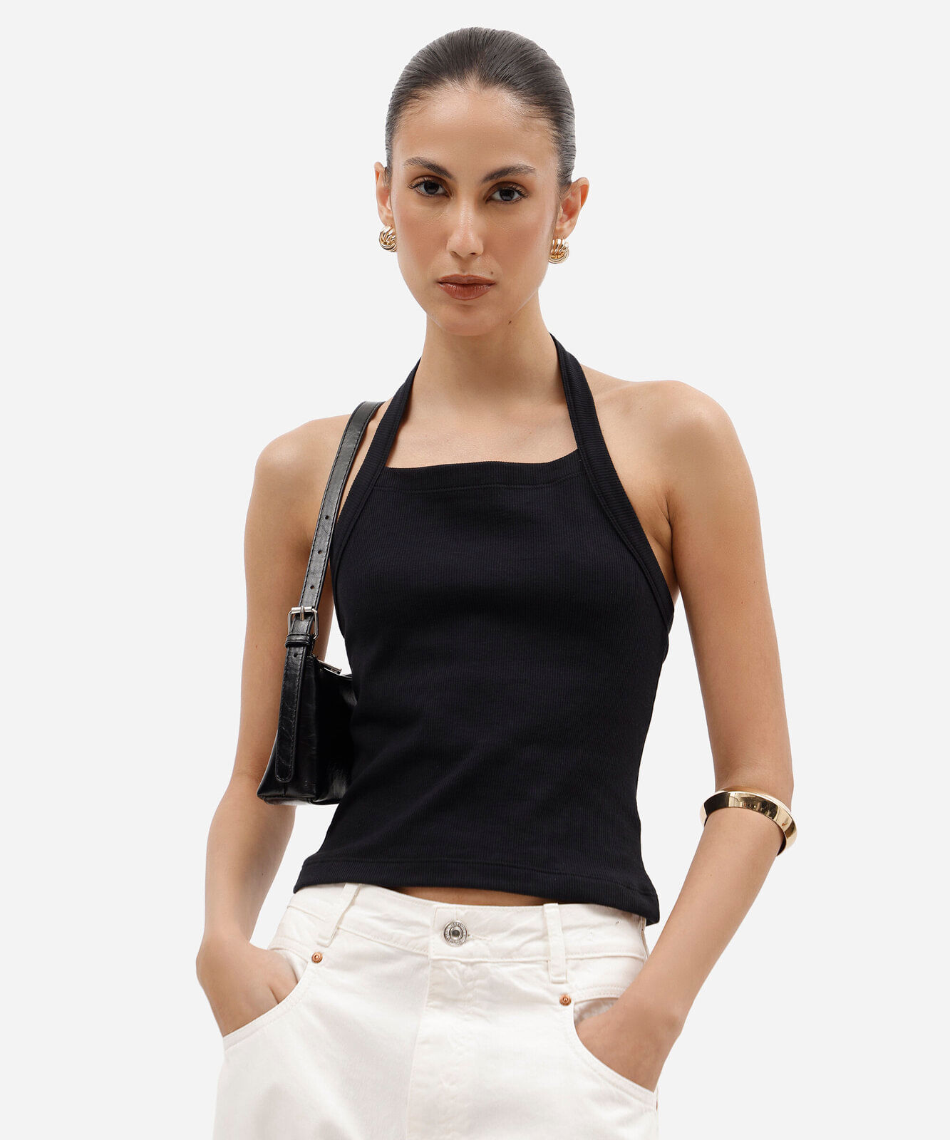 cropped frente única feminino de algodão canelado preto