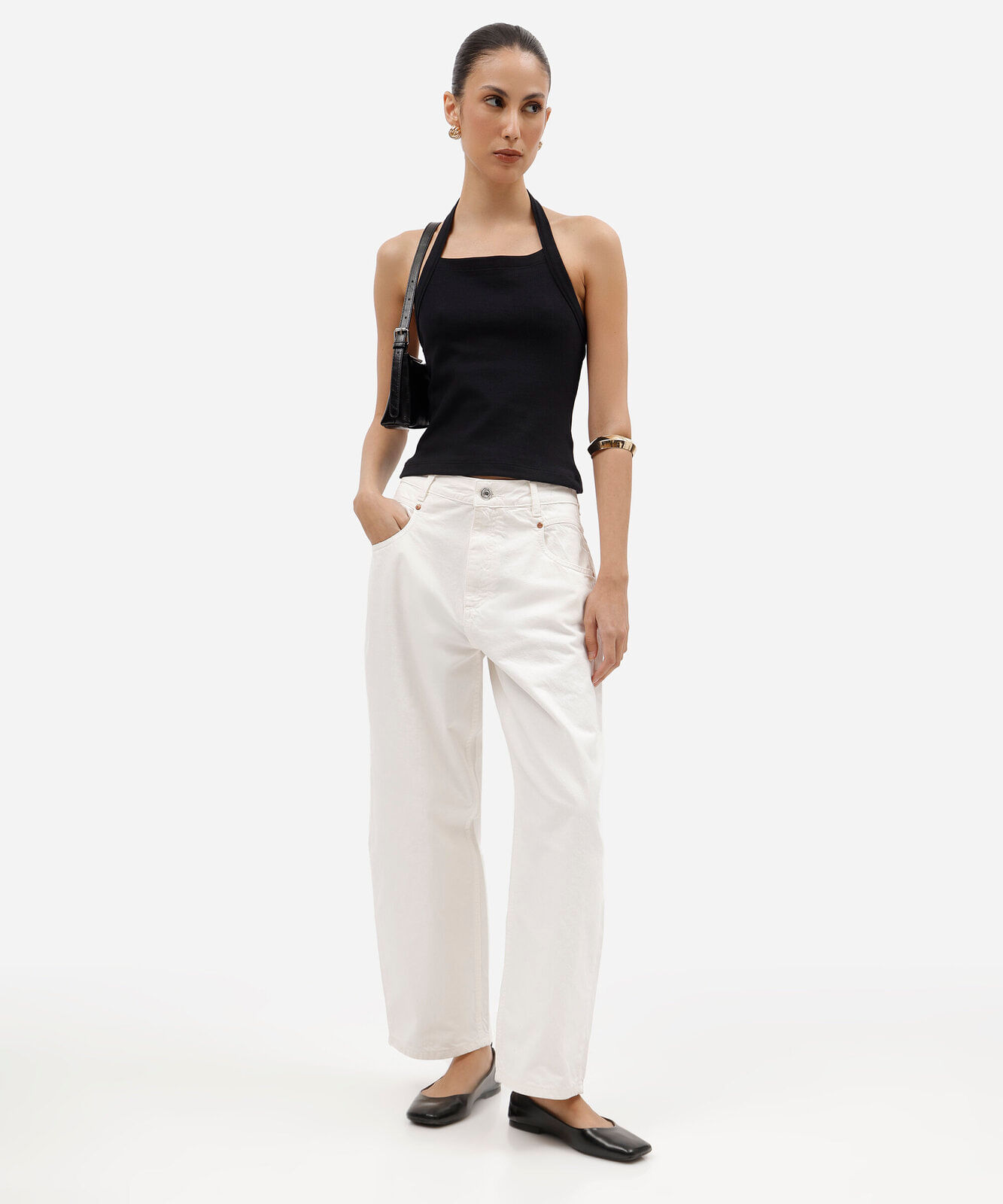 calça baggy feminina de sarja cintura média off white