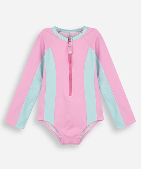maiô infantil manga longa com recortes e zíper rosa