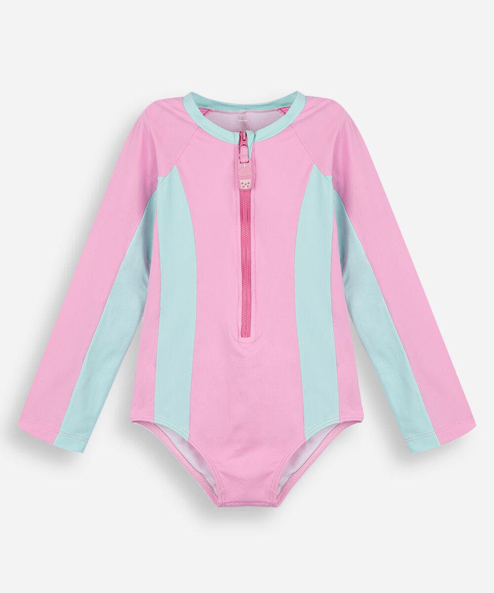 maiô infantil manga longa com recortes e zíper rosa
