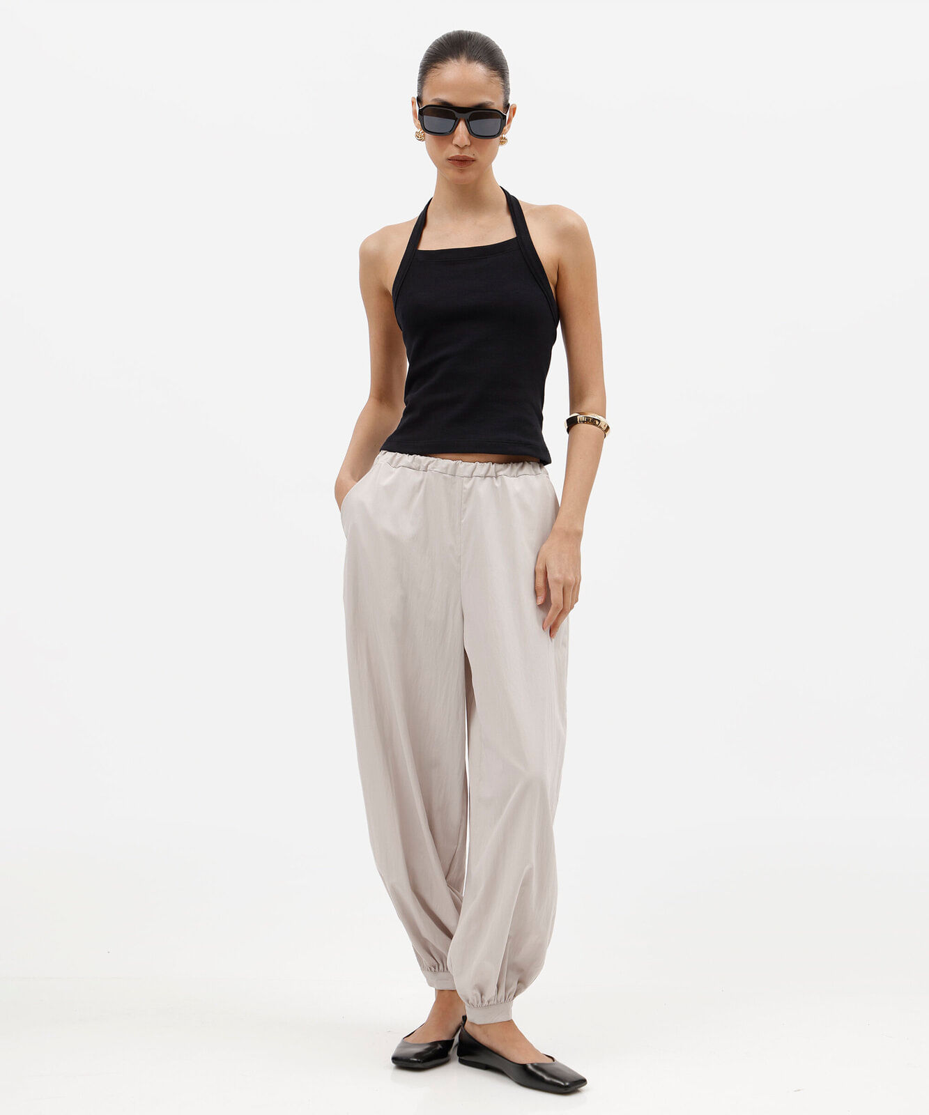 calça balloon feminina cós elástico bege