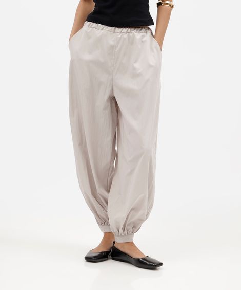 calça balloon feminina cós elástico bege