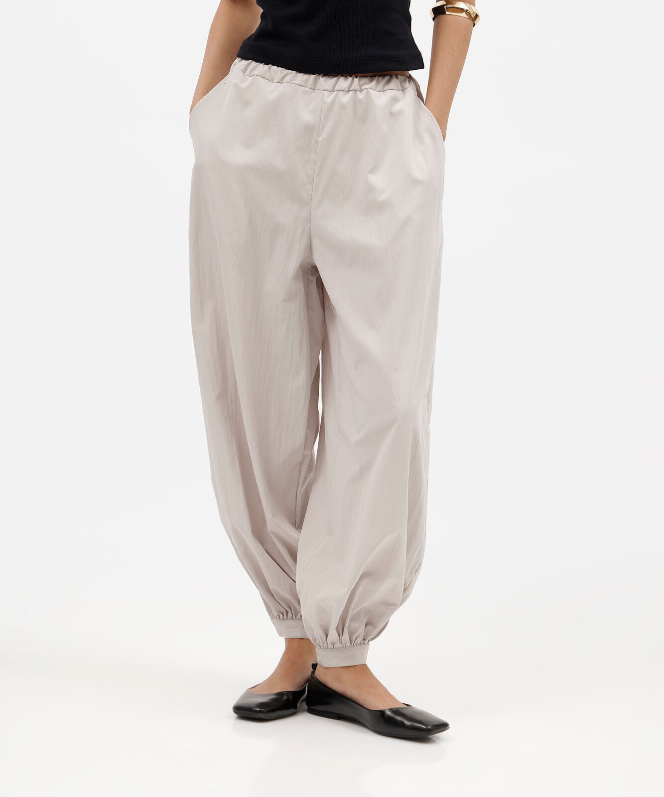 calça balloon feminina cós elástico bege