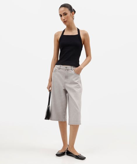 bermuda jorts feminina jeans cintura média cinza