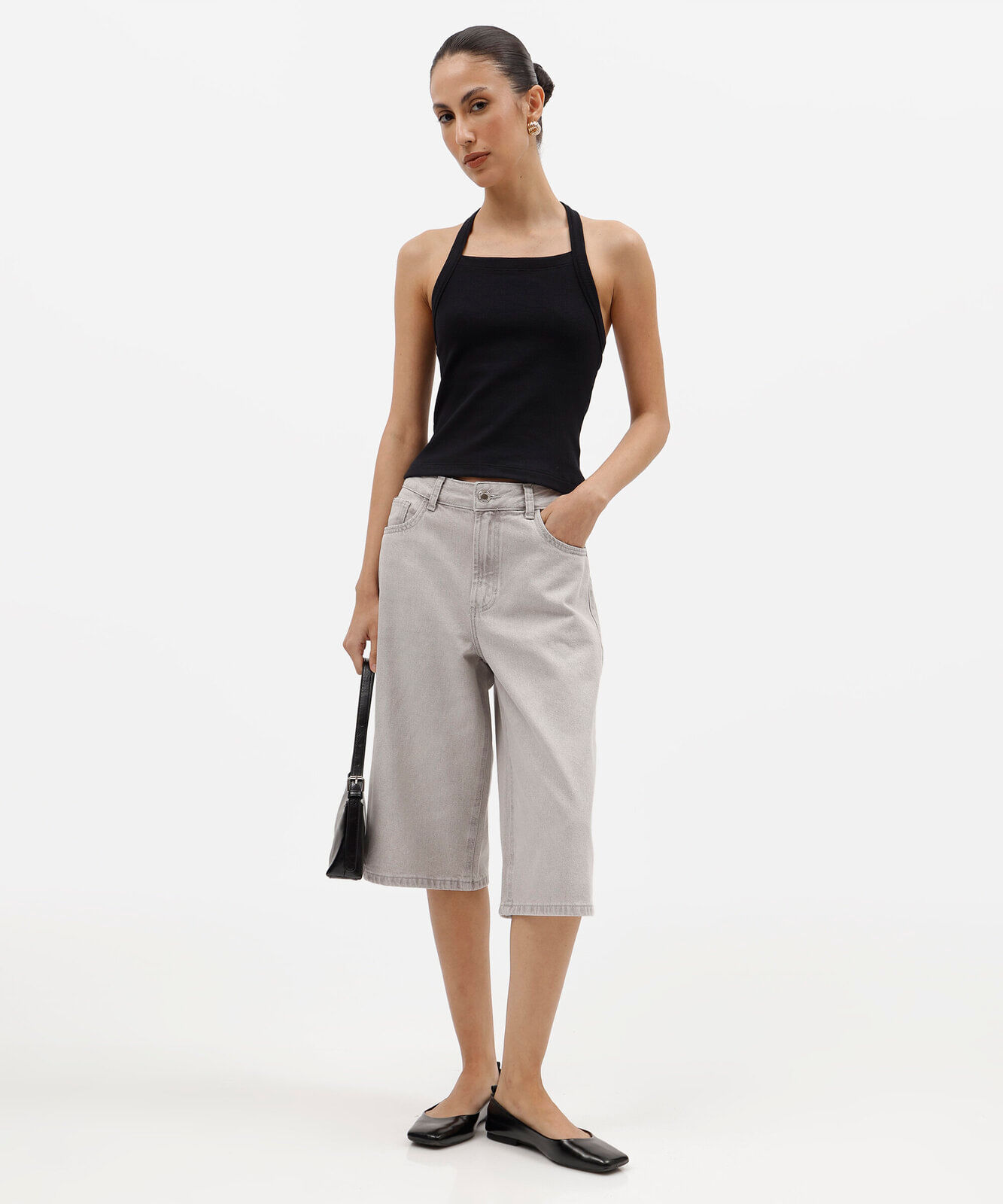 bermuda jorts feminina jeans cintura média cinza