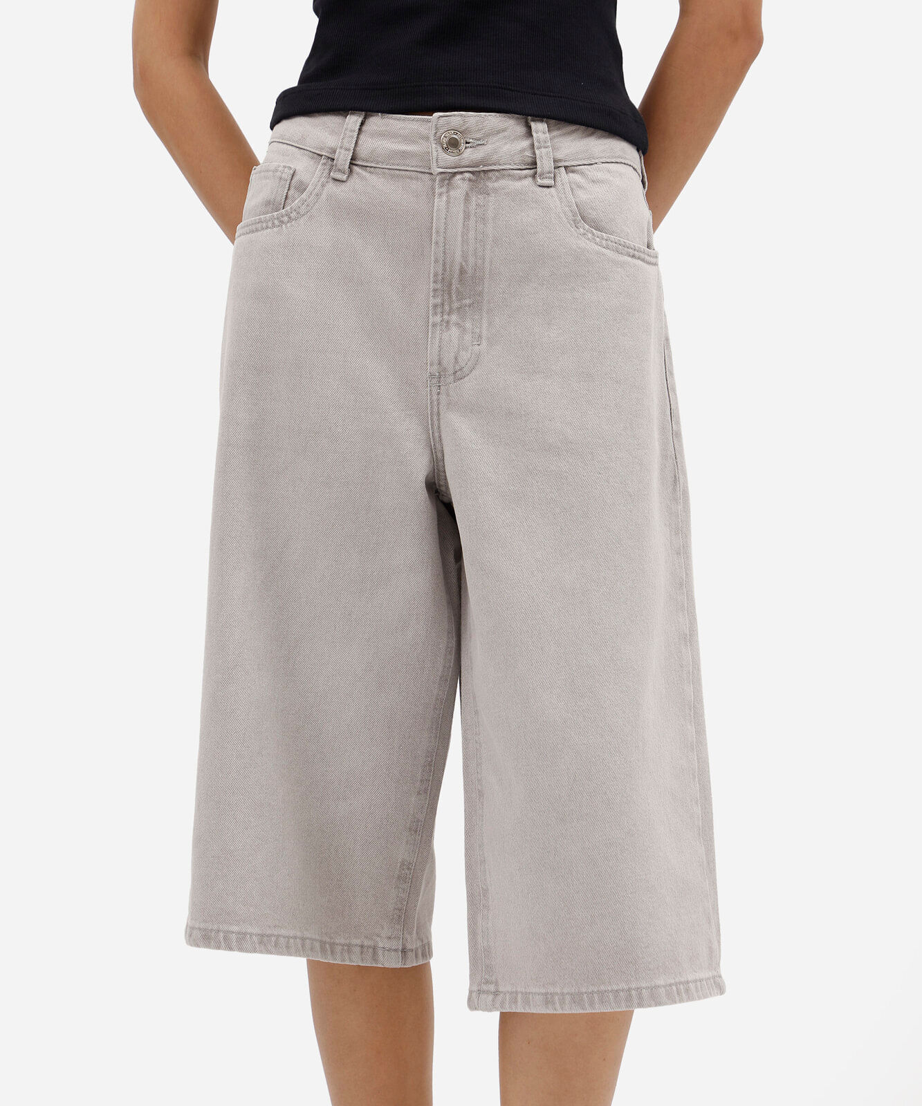 bermuda jorts feminina jeans cintura média cinza
