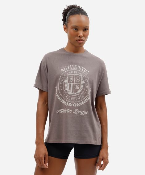 camiseta oversized feminina de algodão manga curta esportiva estampada cinza