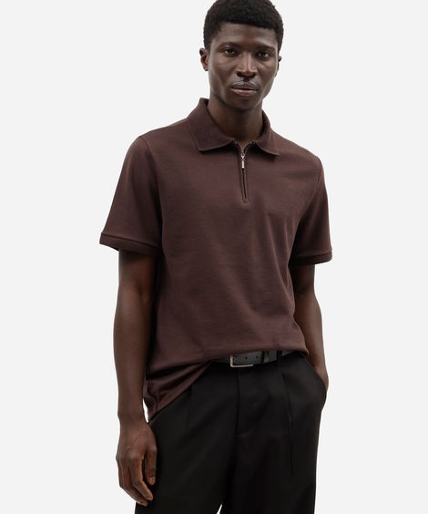 polo masculina com algodão e zíper manga curta marrom