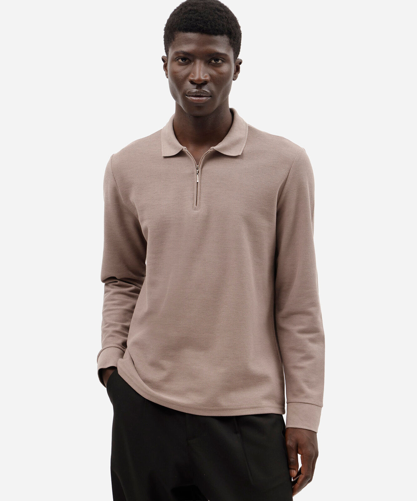 polo masculina com algodão e zíper manga longa bege