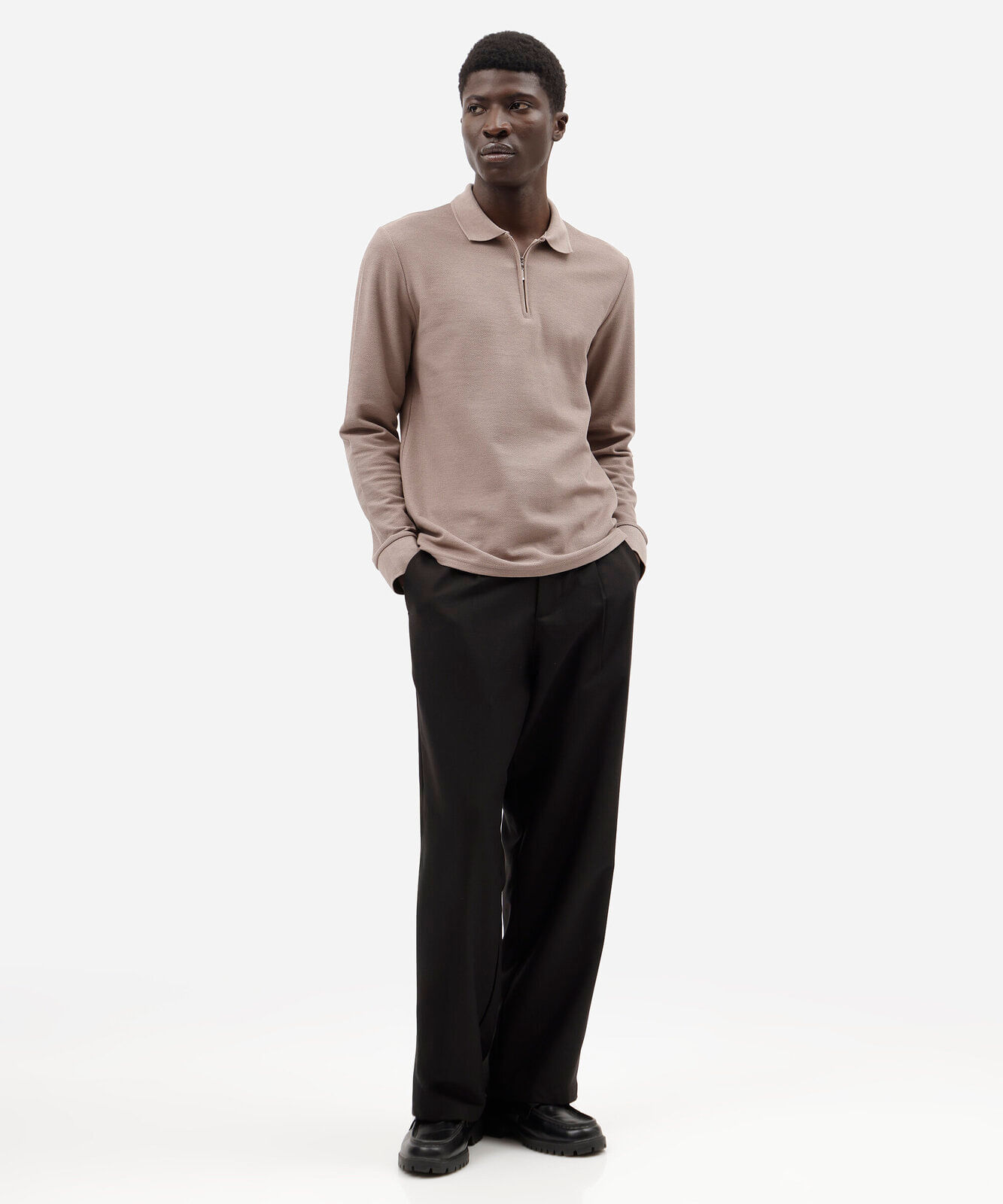 polo masculina com algodão e zíper manga longa bege