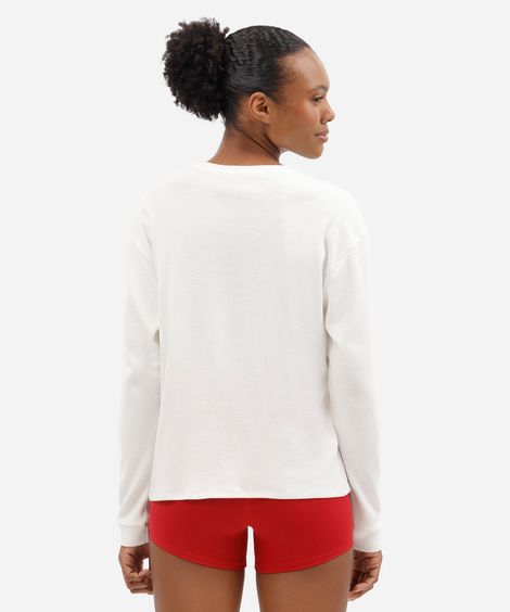 camiseta esportiva feminina com algodão manga longa estampada off white