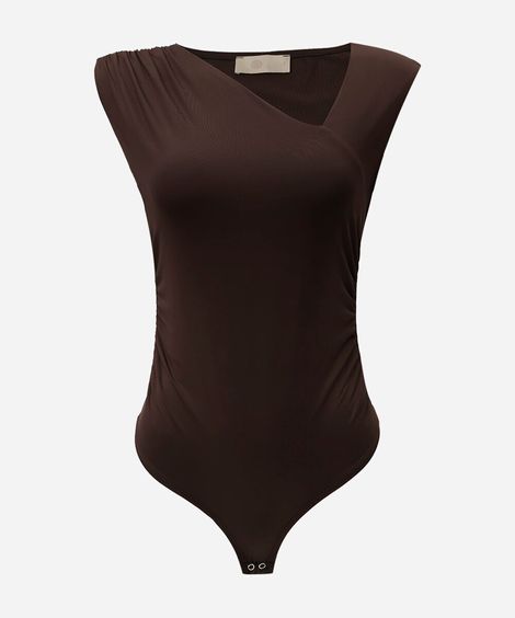 body feminino de poliamida decote assimétrico franzido marrom