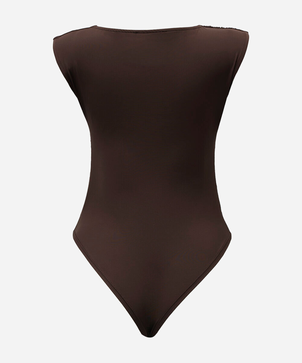 body feminino de poliamida decote assimétrico franzido marrom