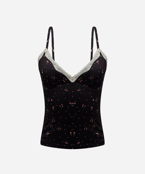 regata alça fina feminina com renda floral preta
