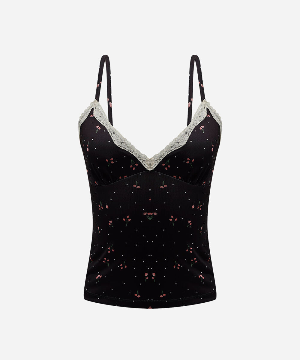 regata alça fina feminina com renda floral preta