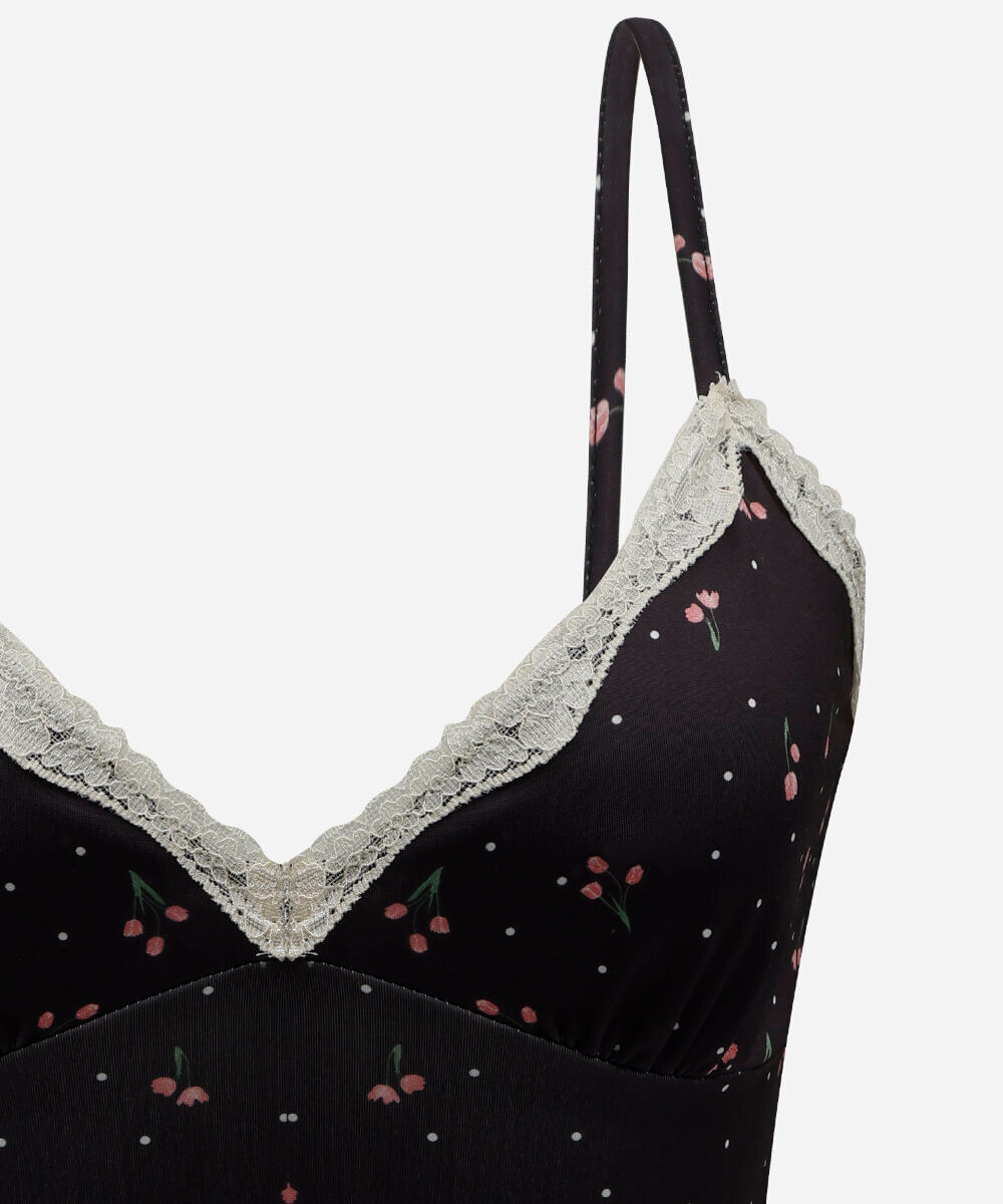 regata alça fina feminina com renda floral preta
