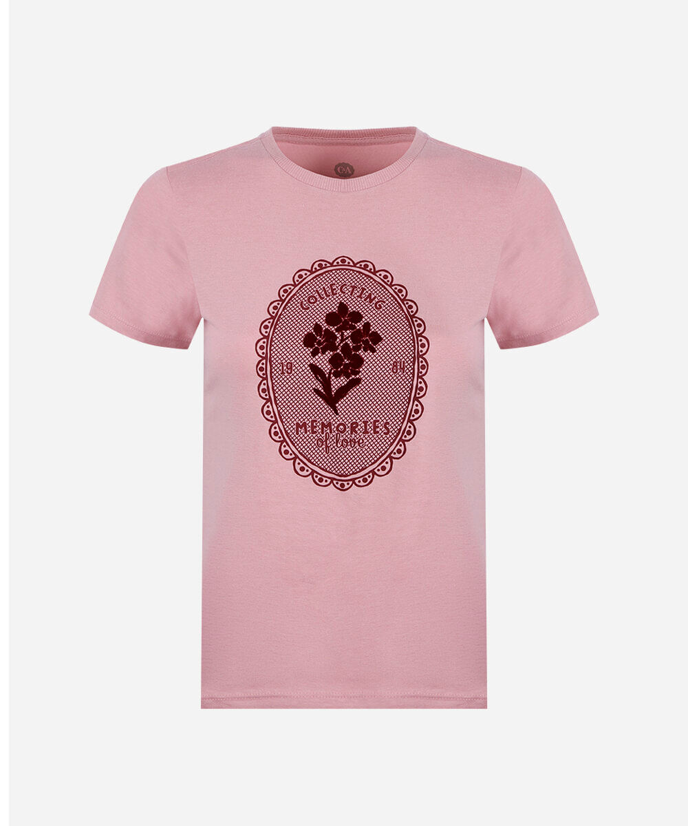 camiseta básica feminina de algodão manga curta estampada rosa
