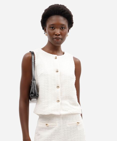 colete feminino de alfaiataria em tweed decote redondo off white