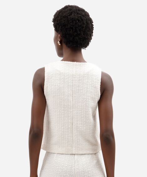 colete feminino de alfaiataria em tweed decote redondo off white
