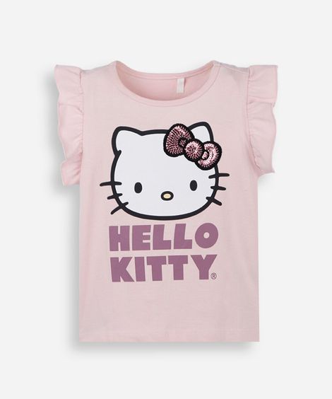 blusa infantil de algodão com bordado de paetê hello kitty rosa
