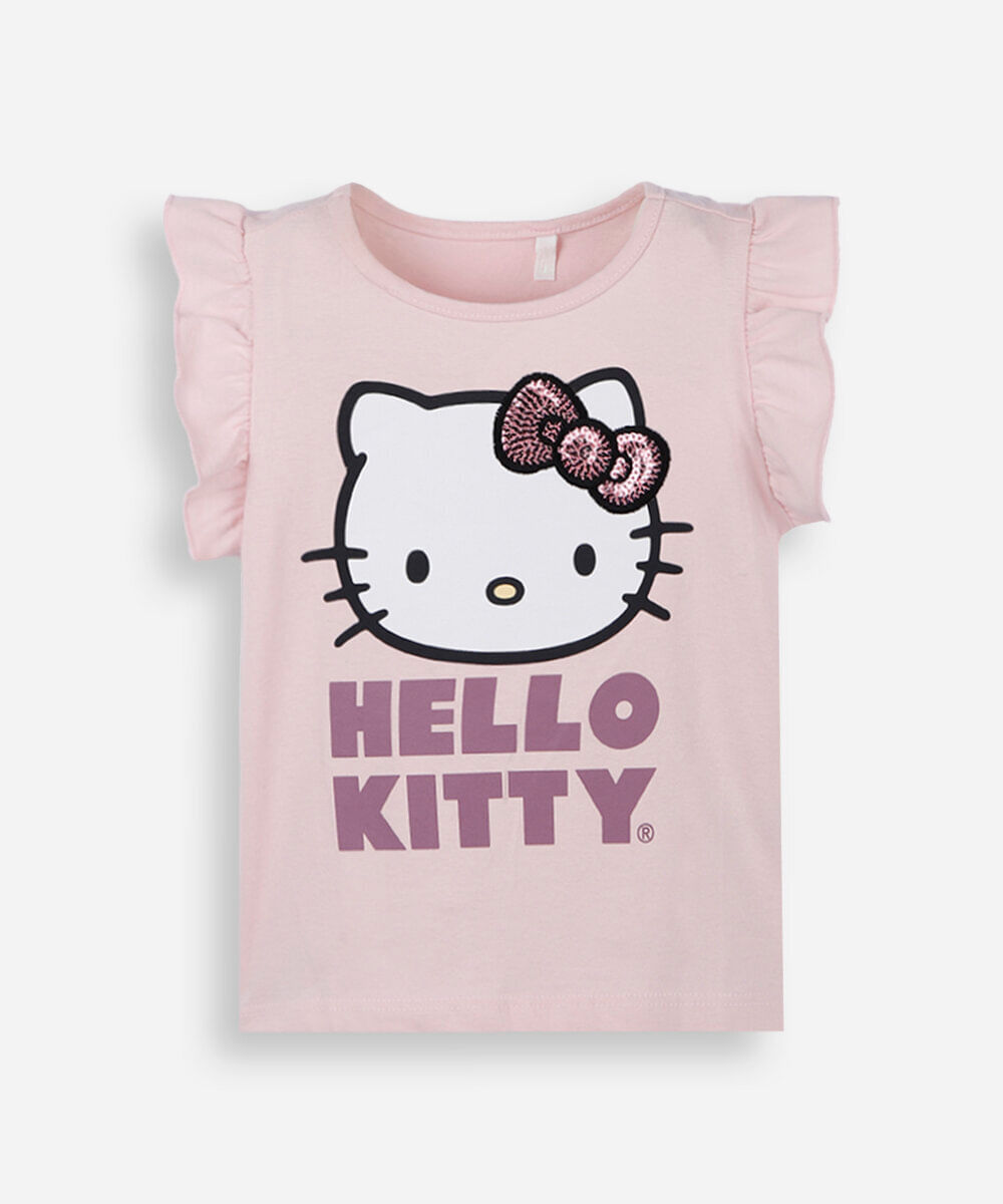 blusa infantil de algodão com bordado de paetê hello kitty rosa