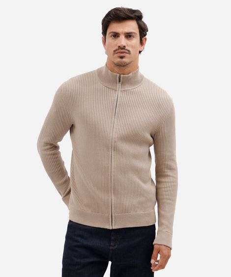 jaqueta masculina de tricot gola alta com zíper canelada bege