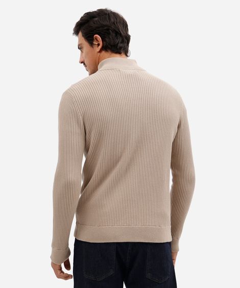 jaqueta masculina de tricot gola alta com zíper canelada bege