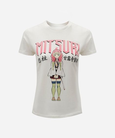 camiseta feminina de algodão manga curta demon slayer off white