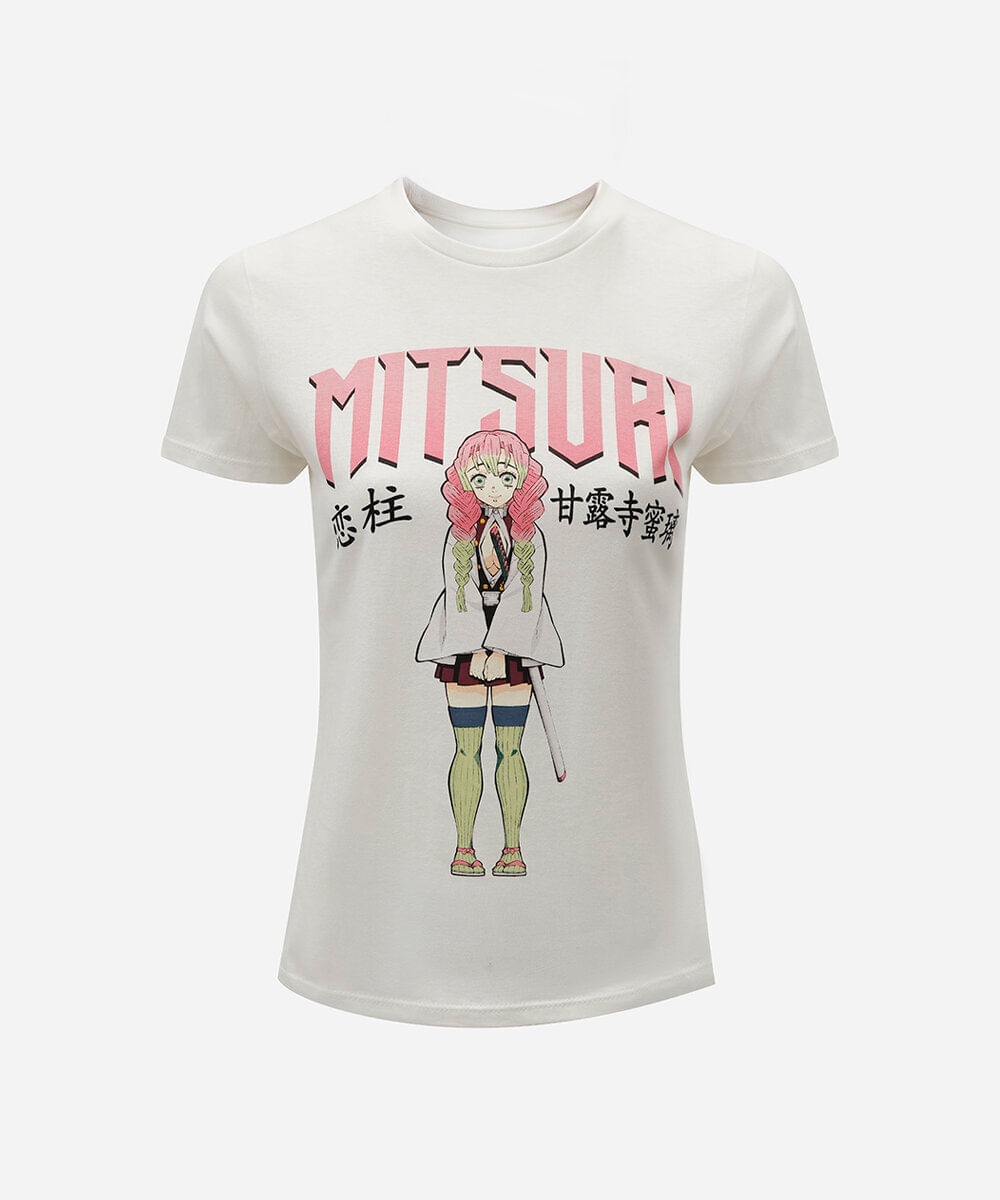 camiseta feminina de algodão manga curta demon slayer off white