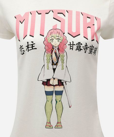 camiseta feminina de algodão manga curta demon slayer off white