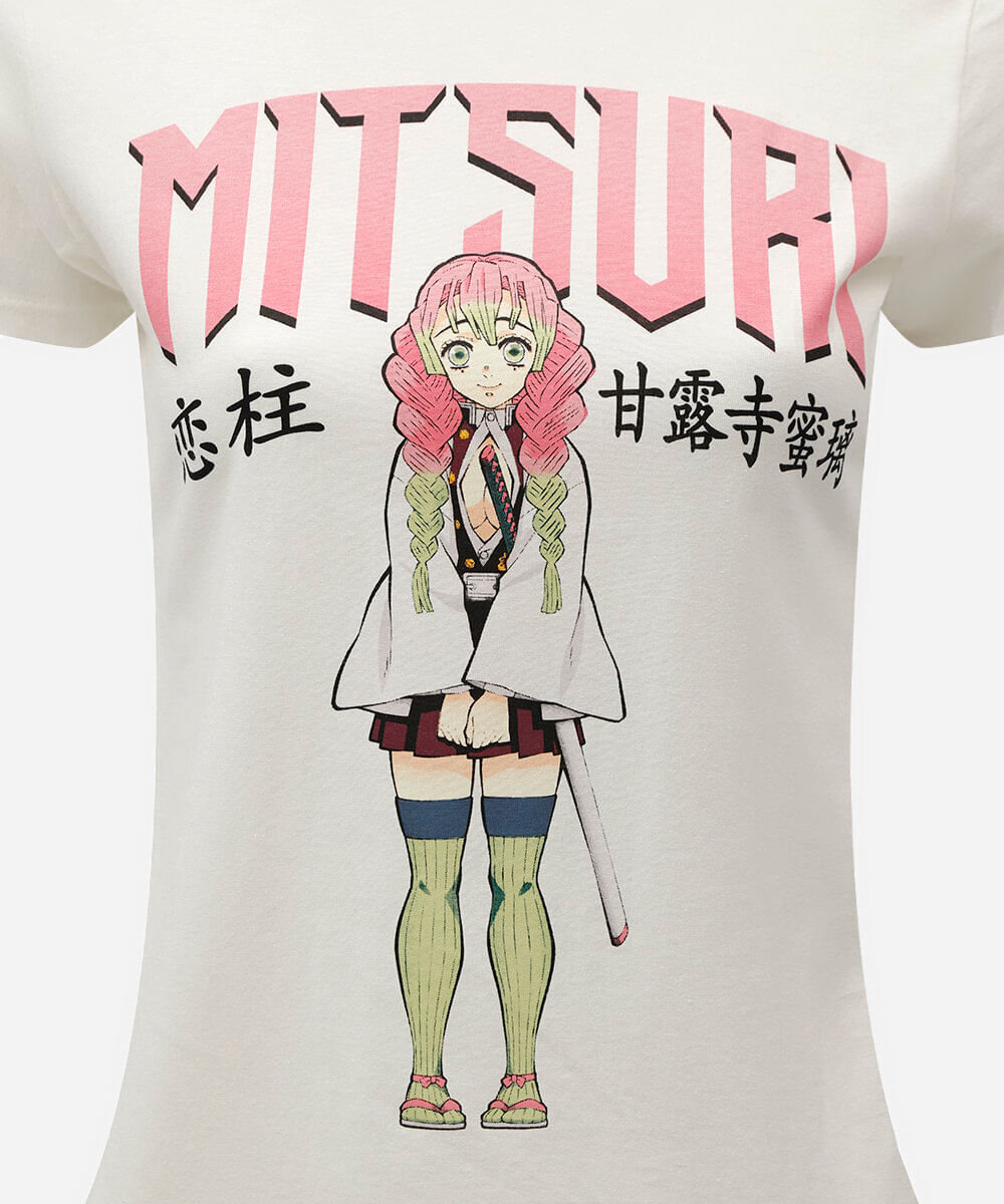 camiseta feminina de algodão manga curta demon slayer off white