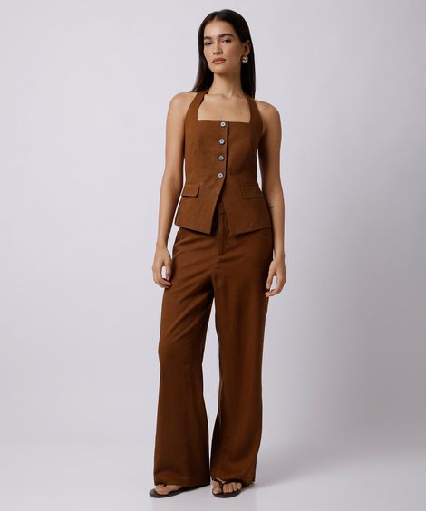 calça feminina de alfaiataria com linho mindset  marrom