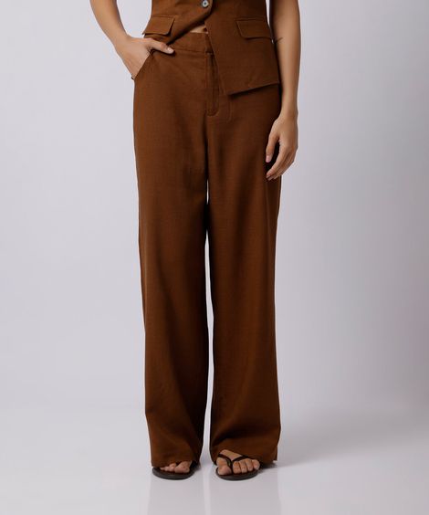 calça feminina de alfaiataria com linho mindset  marrom