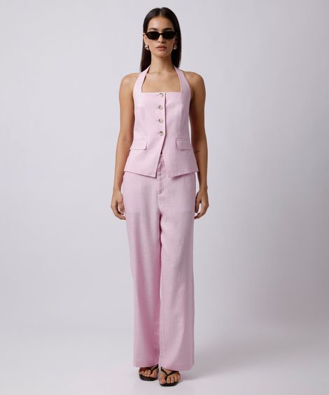 calça feminina de alfaiataria com linho mindset rosa