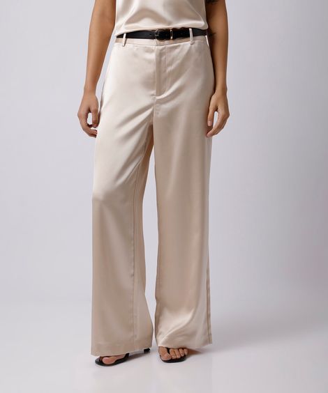 calça feminina de alfaiataria acetinada com cinto mindset bege