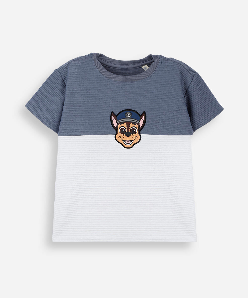 camiseta infantil com recorte manga curta patrulha canina texturizada azul