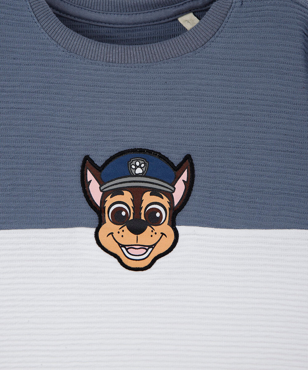 camiseta infantil com recorte manga curta patrulha canina texturizada azul