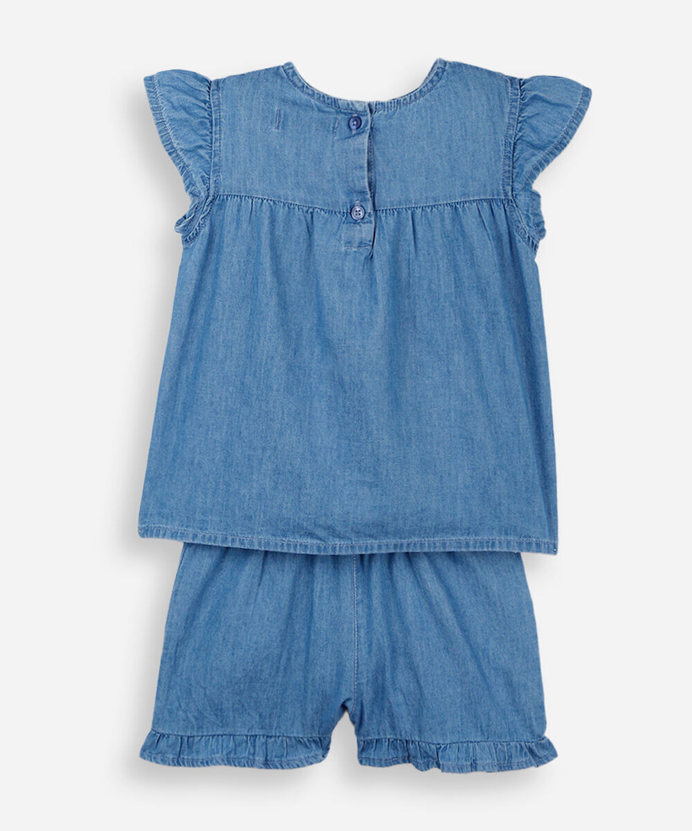 conjunto curto infantil jeans com bordado floral azul