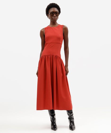 vestido midi feminino com viscose franzido laranja