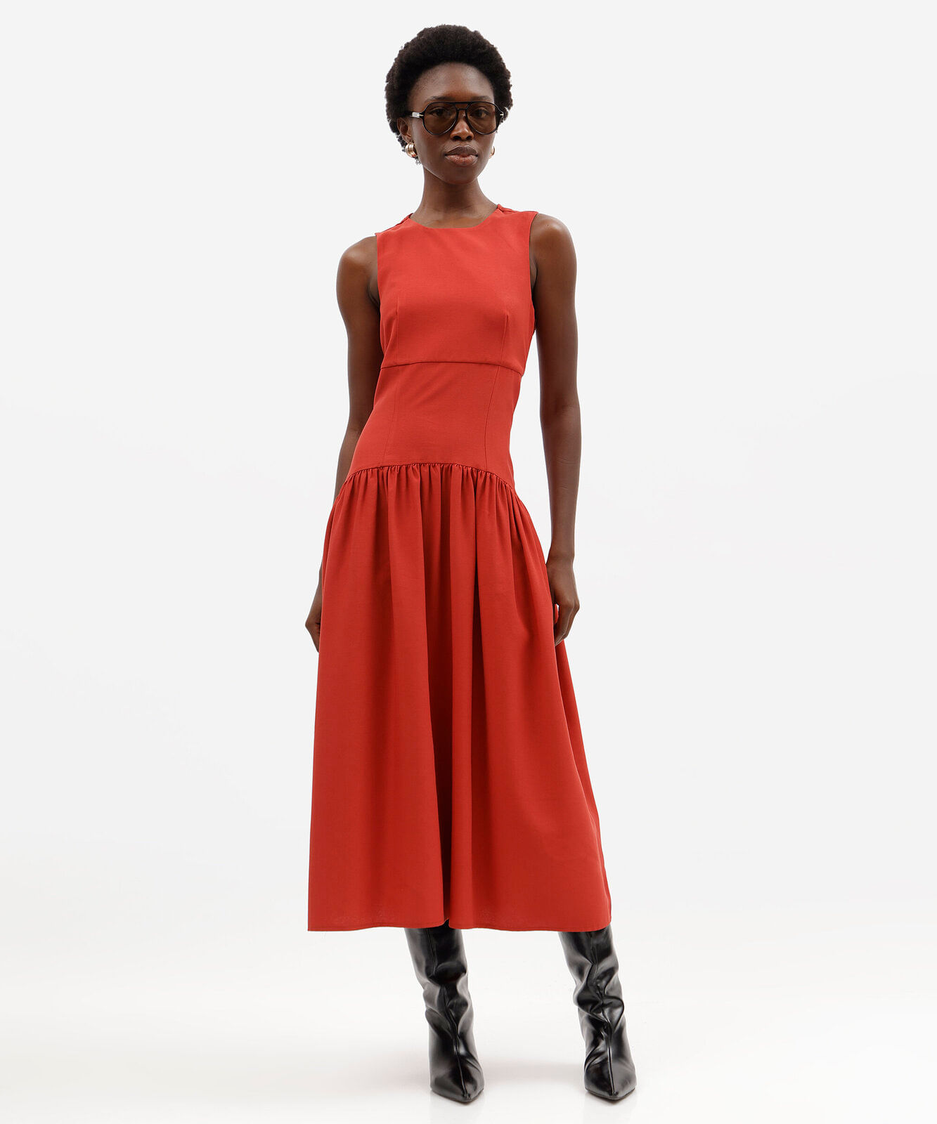 vestido midi feminino com viscose franzido laranja
