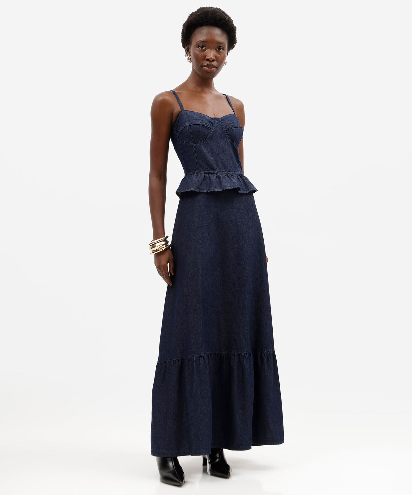vestido longo feminino jeans alça fina com peplum azul