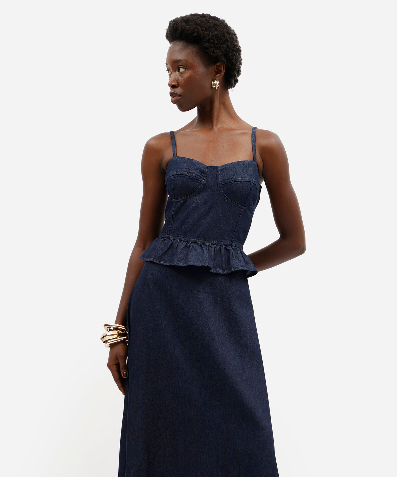 vestido longo feminino jeans alça fina com peplum azul