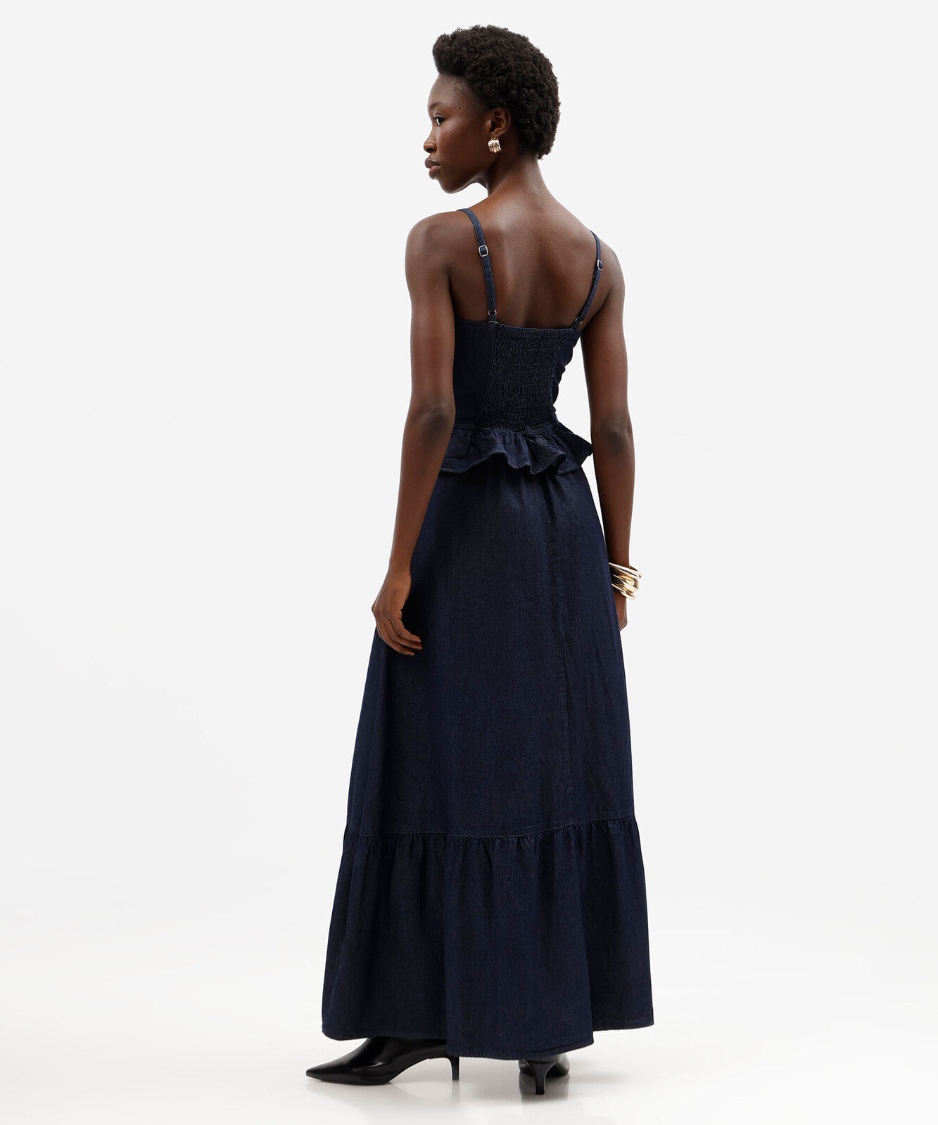 vestido longo feminino jeans alça fina com peplum azul
