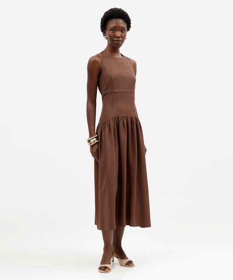 vestido midi feminino com viscose franzido marrom