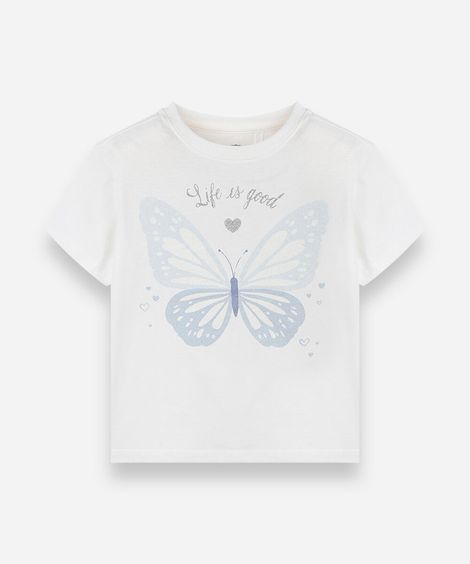 camiseta infantil de algodão manga curta estampada com glitter off white