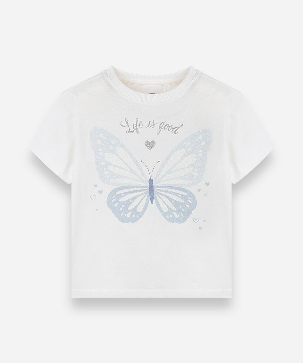 camiseta infantil de algodão manga curta estampada com glitter off white