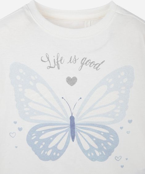 camiseta infantil de algodão manga curta estampada com glitter off white