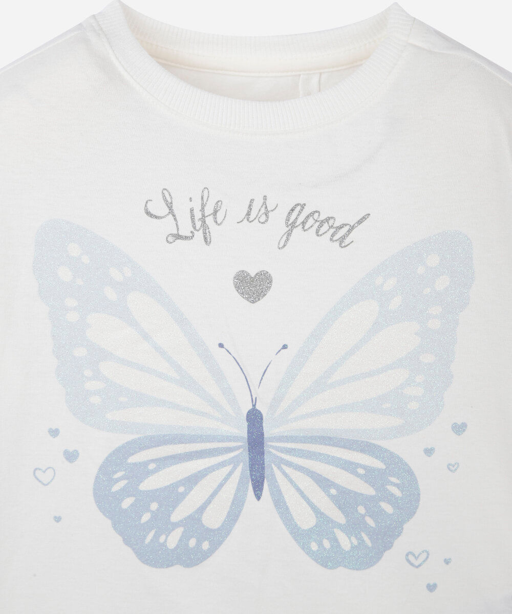 camiseta infantil de algodão manga curta estampada com glitter off white